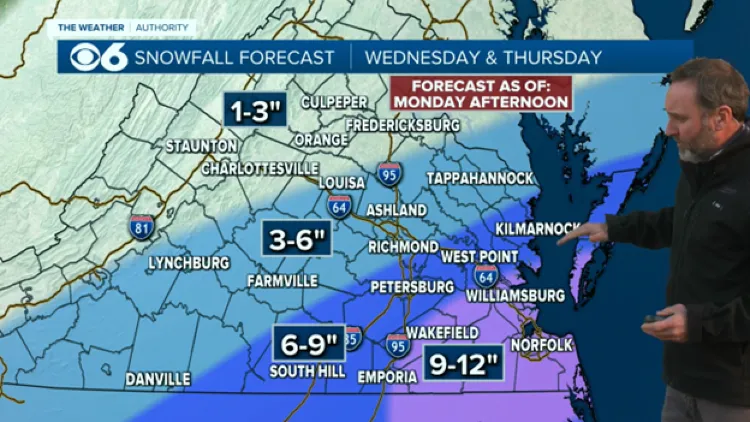 When will the snow arrive in Virginia? How much snow will fall in Richmond?