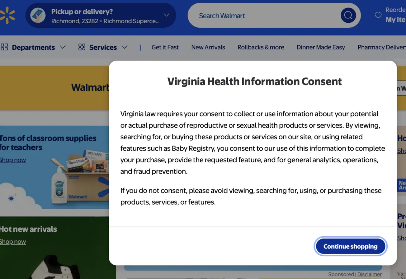 New Va. law protecting reproductive health data prompts Walmart’s online data collection pop-ups