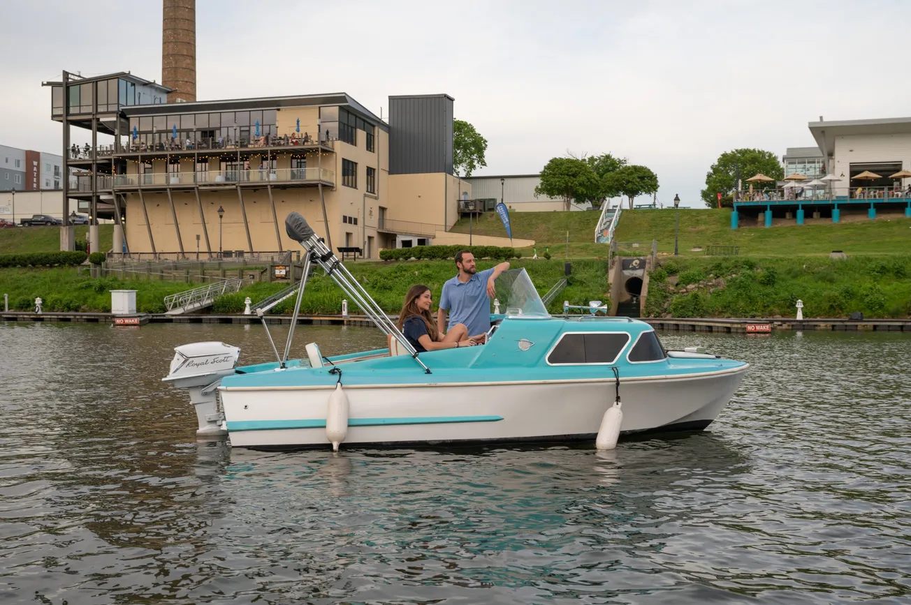 Retro-style boats available for rent on James River